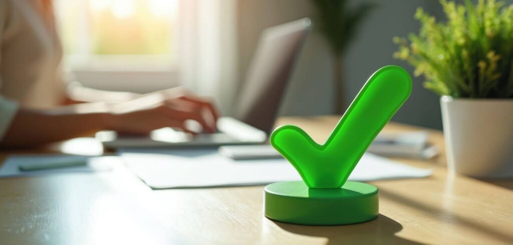 A woman works on a laptop in the background, with a green check mark placed on the desk to indicate successful authentication of Quick Fix Synthetic Urine