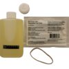 White sachet with labels, container with yellow liquid and other small things
