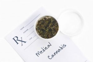 Medical marijuana in paper cup with prescription. Document is fictitious.