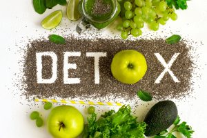 Word detox is made from chia seeds. Green smoothies and ingredients.