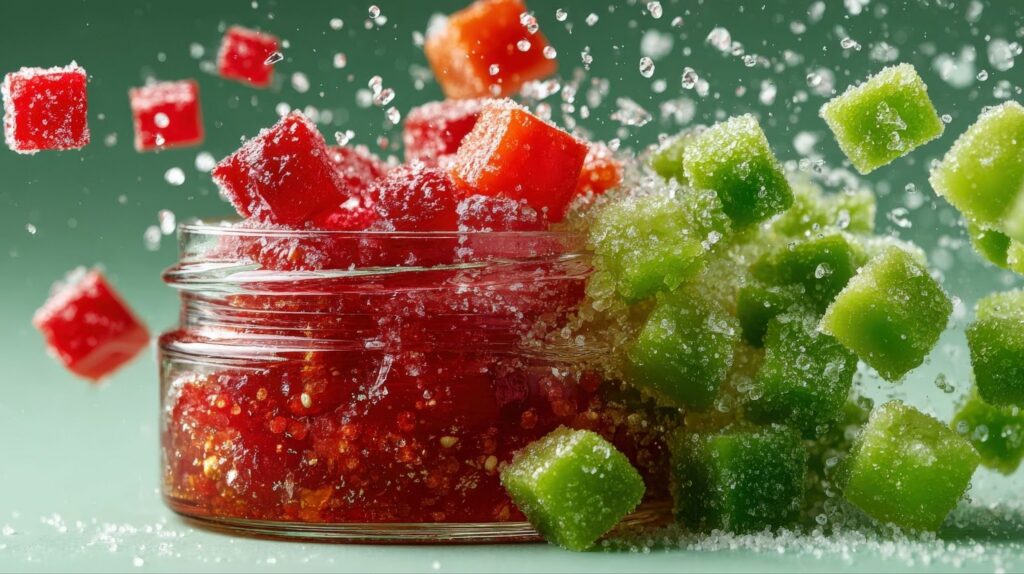 colorful jelly cubes swirling around a jar