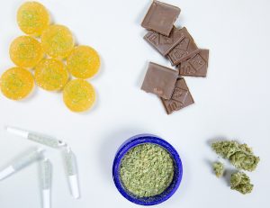 Marijuana edibles, joints and buds.
