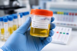Urine drug test sample being analyzed in a medical laboratory