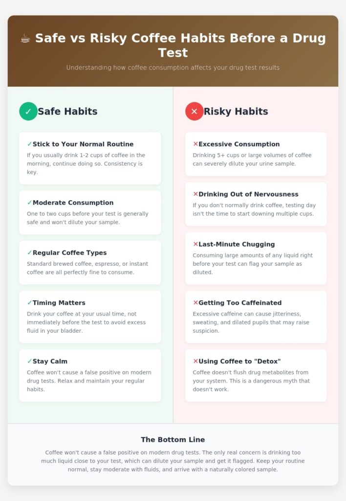 Safe vs Risky Coffee Habits Before a Drug Test infographic comparing moderate coffee consumption with risky behaviors