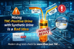 Illustration showing THC-positive urine and synthetic urine being mixed in a laboratory setting, with warning symbols and an “Invalid Result” stamp, emphasizing that mixing samples can cause drug test failure.
