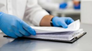 Laboratory technician wearing blue nitrile gloves reviewing scientific documents and research papers on clipboard in clinical setting