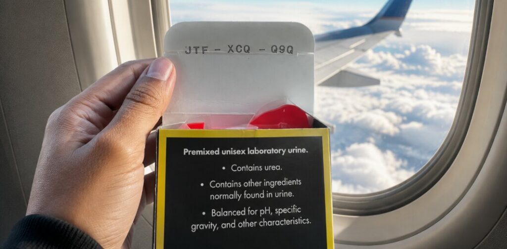 A man travelling on a plane checks the batch code validator on a packet of synthetic urine