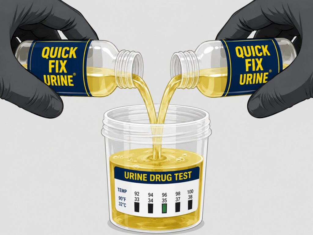 a vector graphic showing a close-up of someone’s hands pouring two Quick Fix Synthetic urine bottles into a drug test cup