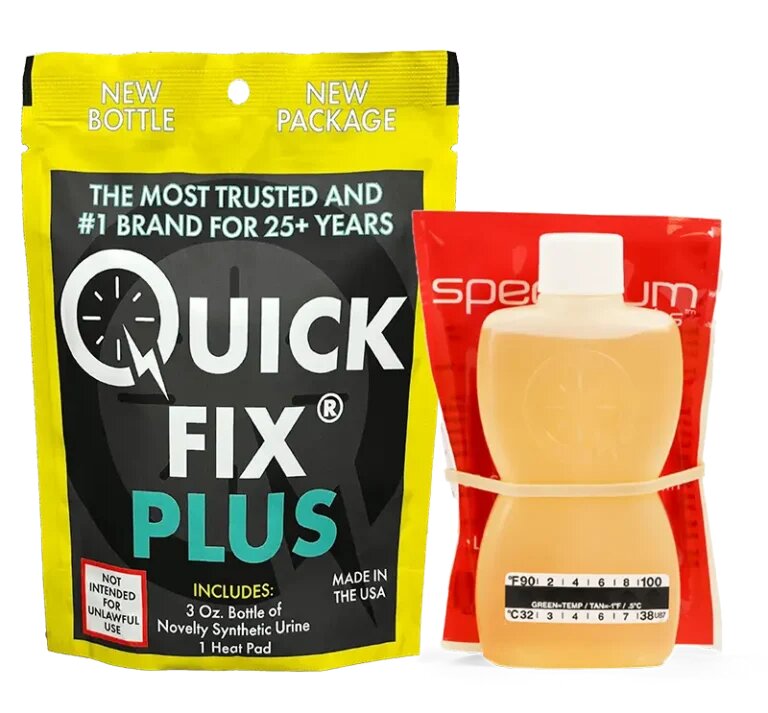 A packet of novelty synthetic urine “Quick Fix” with heating pad and temperature strip