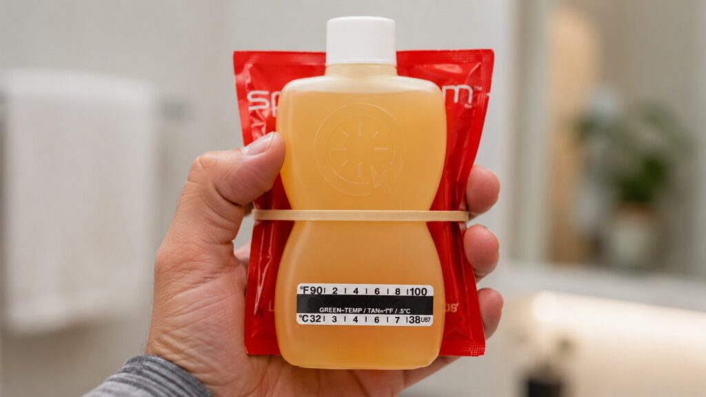 Hand holding a Quick Fix bottle against a heating pad to maintain the correct temperature