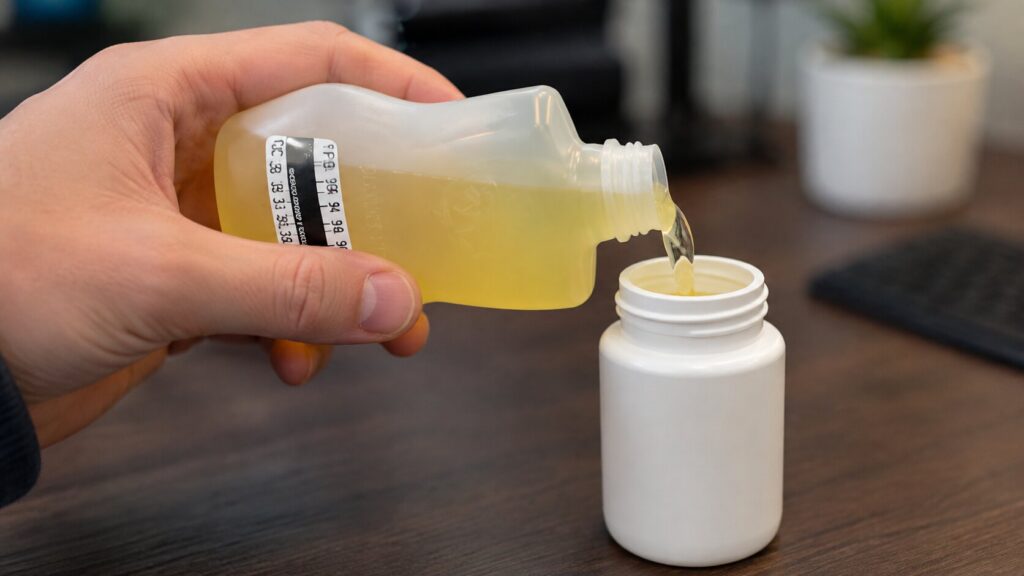 A hand pouring liquid from one bottle into another