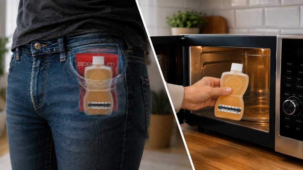 Split image showing Quick Fix in a trouser pocket and being placed into a microwave
