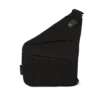 Back view of black crossbody sling bag featuring diagonal zippered pockets, black fabric, and a snap-button strap detail.