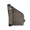 Back view of gray crossbody sling bag showing textured fabric, adjustable shoulder strap, zipper, and reflective strap detail.