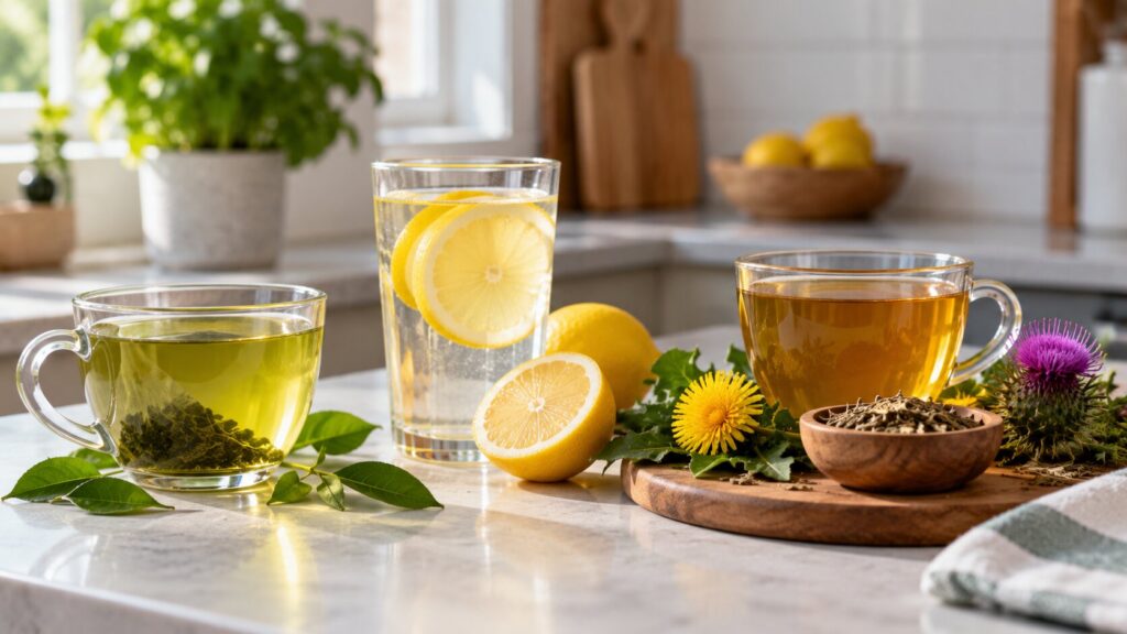 Green tea, lemon water and herbal tea arranged on a kitchen counter for what to drink for body detox
