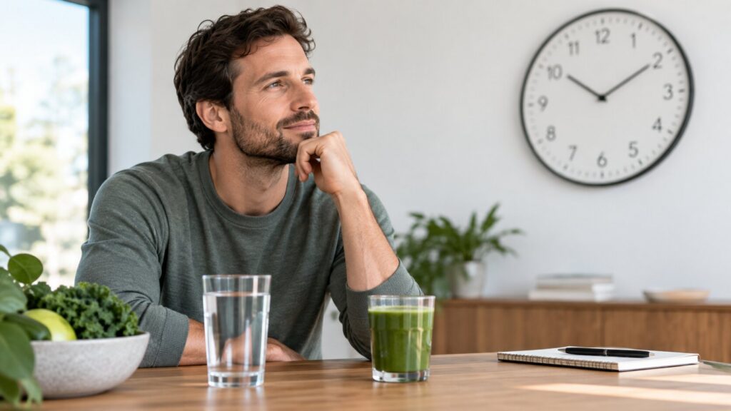 A young man sits at a table, pondering how to detox the body naturally, with a glass of water and green juice