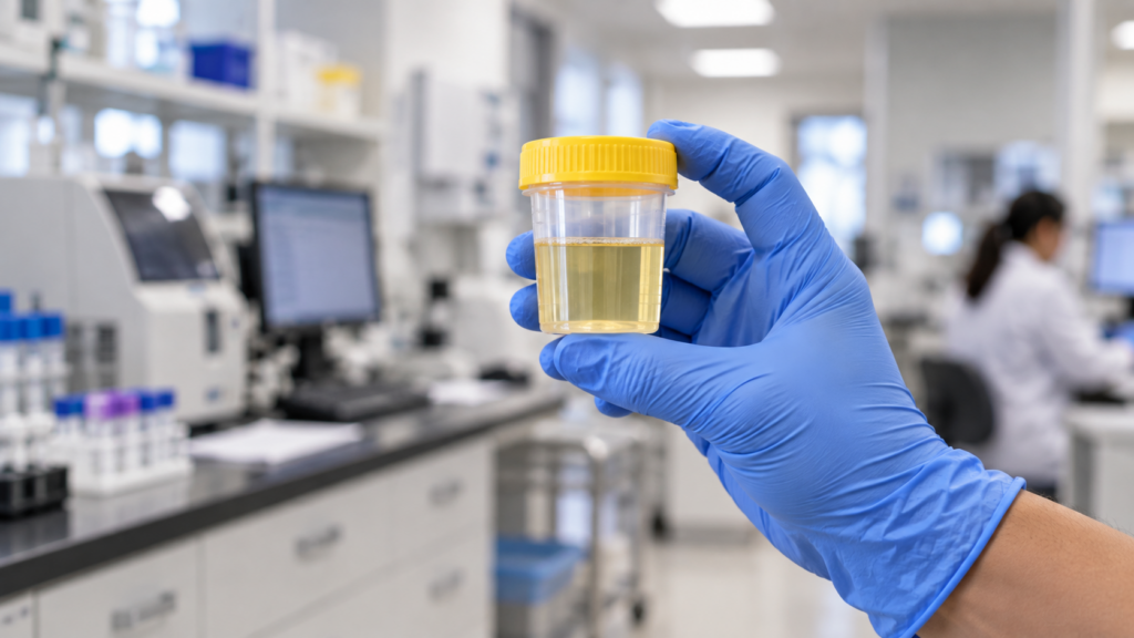 A blue gloved hand holds a urine sample cup in a laboratory