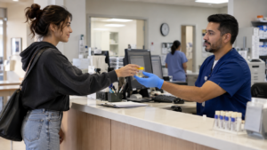 A patient hands over a urine sample at a testing centre check-in desk