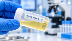 A gloved hand holds a urine sample labelled specific gravity test in a laboratory