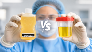 A lab technician holding Quick Fix synthetic urine and a real urine specimen for comparison